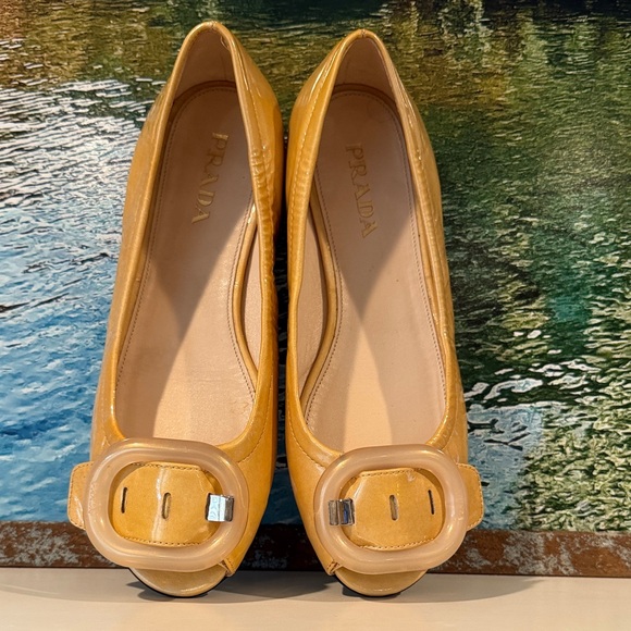 PRADA patent leather peep toe Bakelite ballet flats rare butter yellow color 36 - Picture 4 of 16